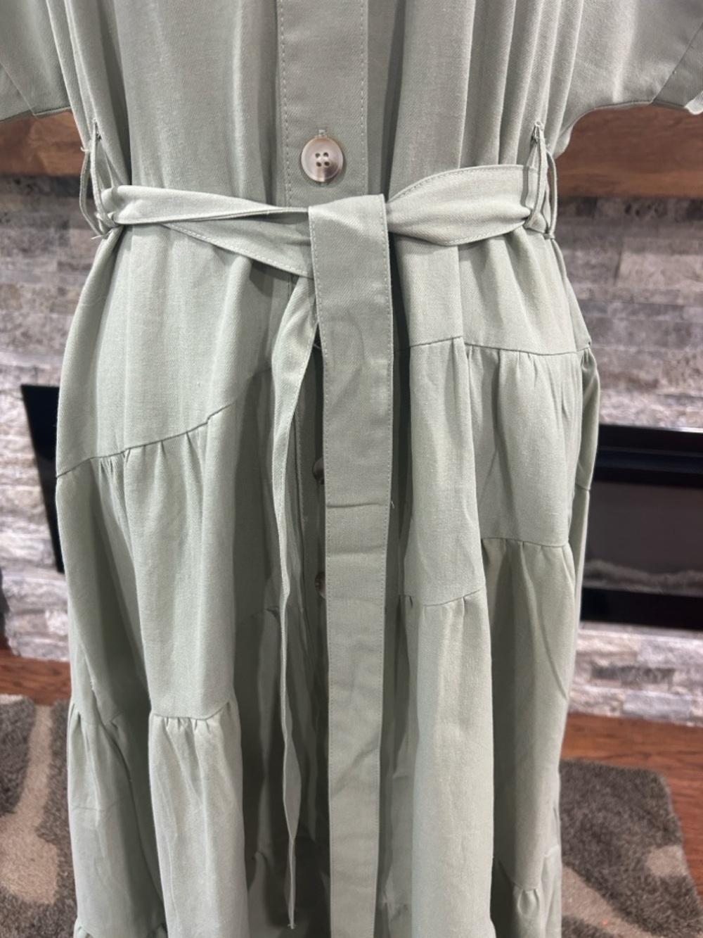 Polagram Sage Tiered Button-Front Maxi Dress with Tie Belt new with tags size L - Picture 4 of 11
